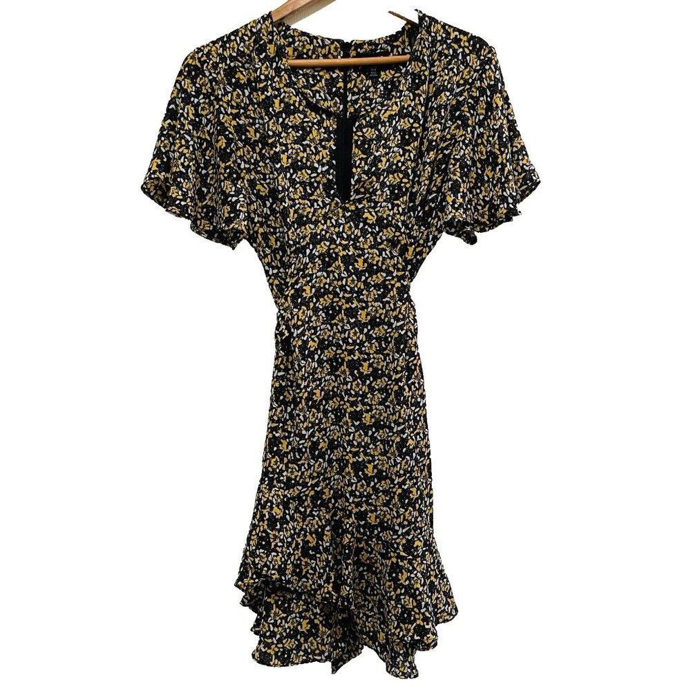 TOPSHOP Yellow & Black "Idol Ditsy" Flutter Sleeve Vneck Mini Tea Dress … - Picture 2 of 9